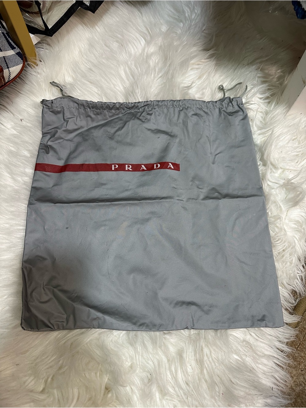 Prada Light Gray Dust Bag with Red Logo Stripe 13.5x13.5